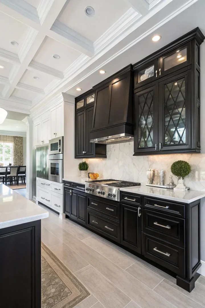 Black-stained wood kitchen cabinets.