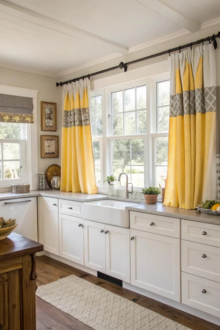Yellow and grey patterned curtains framing a kitchen window.