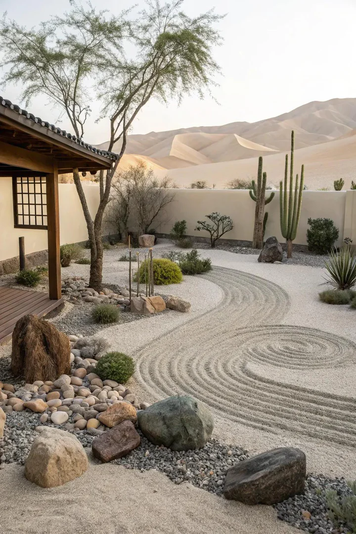 Small zen garden area with raked white gravel, dark boulders, and a single specimen plant