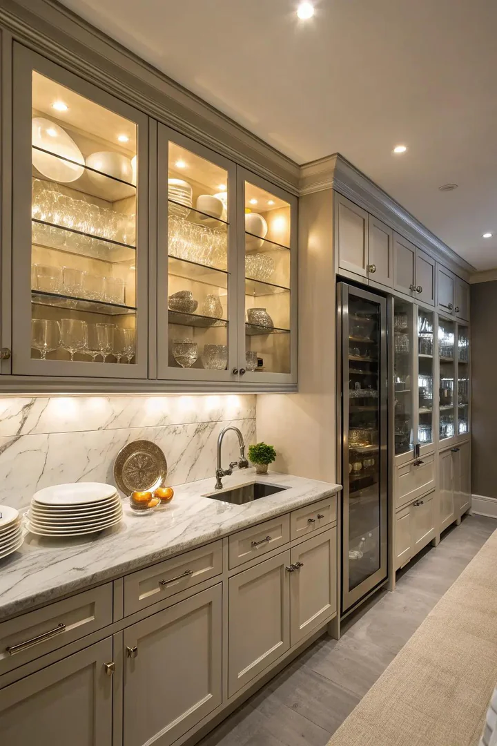 Upper cabinets with clear glass doors displaying glassware in a basement kitchen