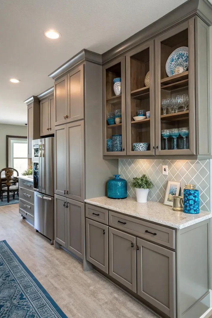 Blue-gray finishes create a calm atmosphere with beige cabinets.
