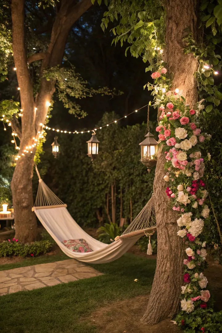 Fairy-light nighttime hammock with LED string lights.