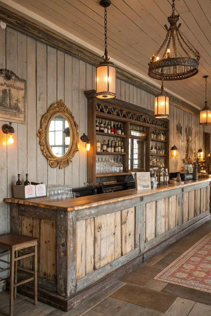 Distressed pallet bar with antique hardware, chalkboard menu, and mason jar accents