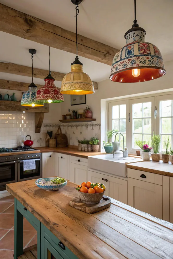 Handmade ceramic pendant light in a white farmhouse kitchen
