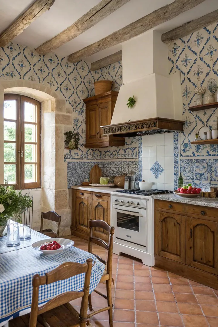 Hand-painted decorative tiles in a French country kitchen.