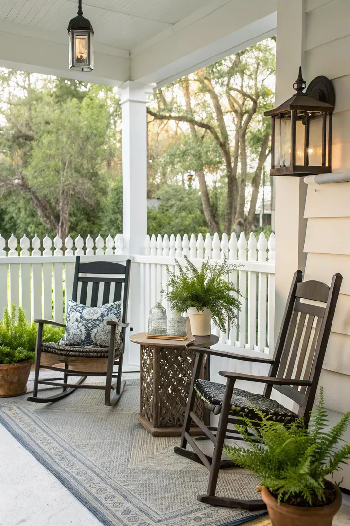 Symmetrical planters and rocking chairs on a Florida front porch.