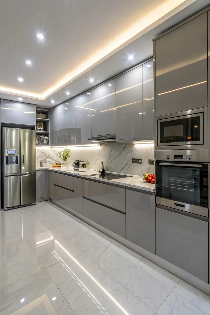 High-gloss lacquered grey kitchen cabinets.