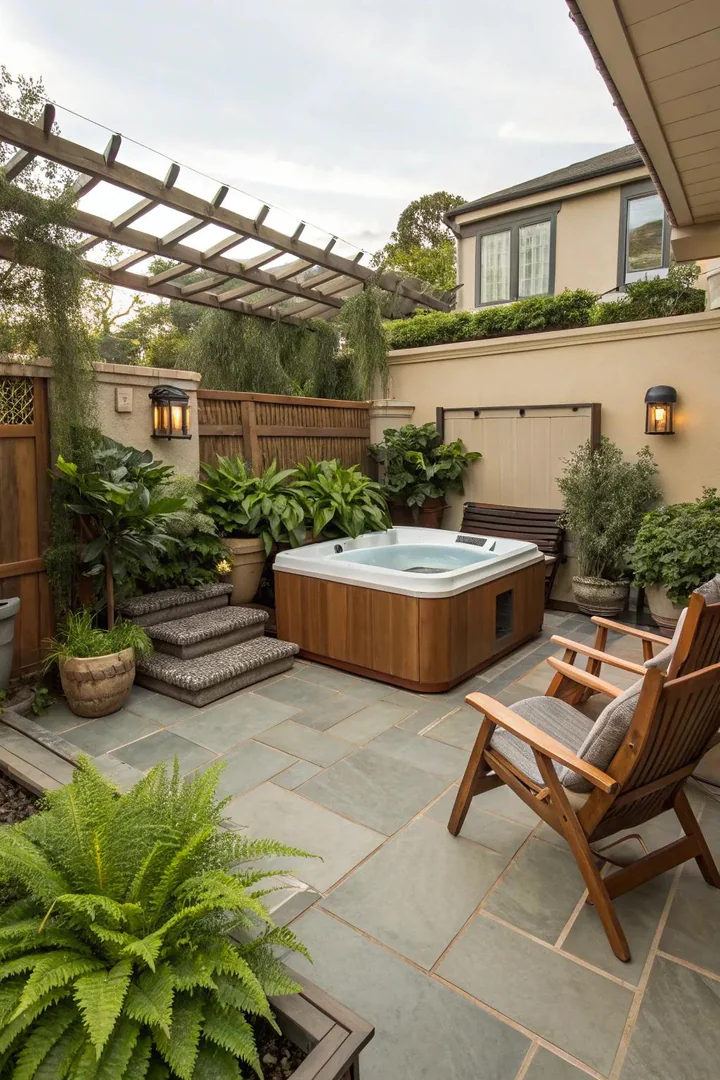 Coordinated color scheme on a hot tub patio with matching cushions, planters, and accent tiles