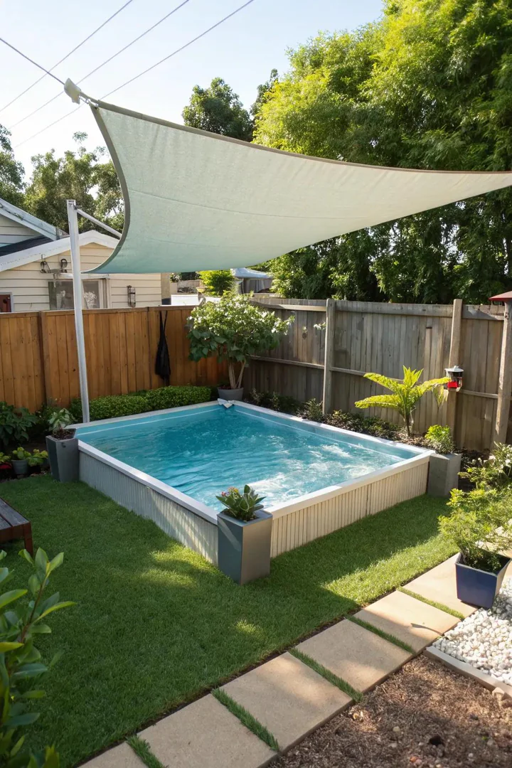Shade sail stretched over half of an above-ground pool providing sun protection