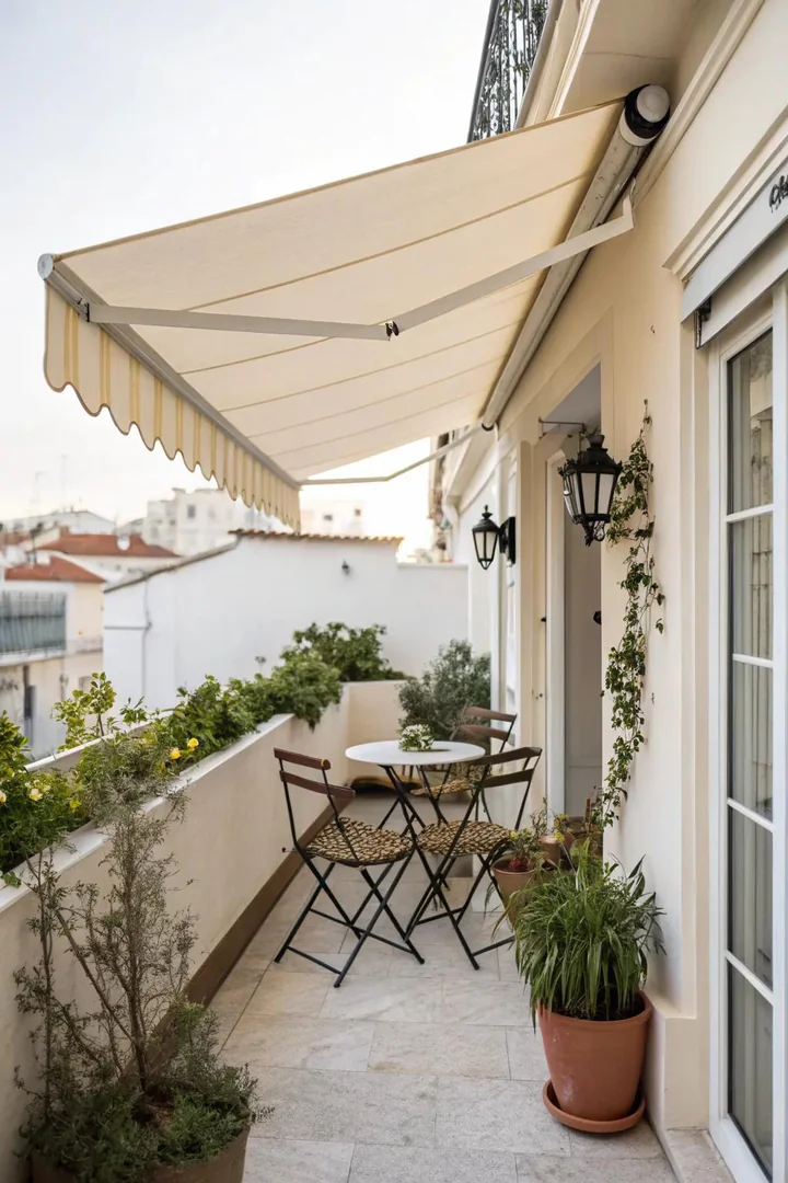 Retractable awning providing shade over a small terrace seating area