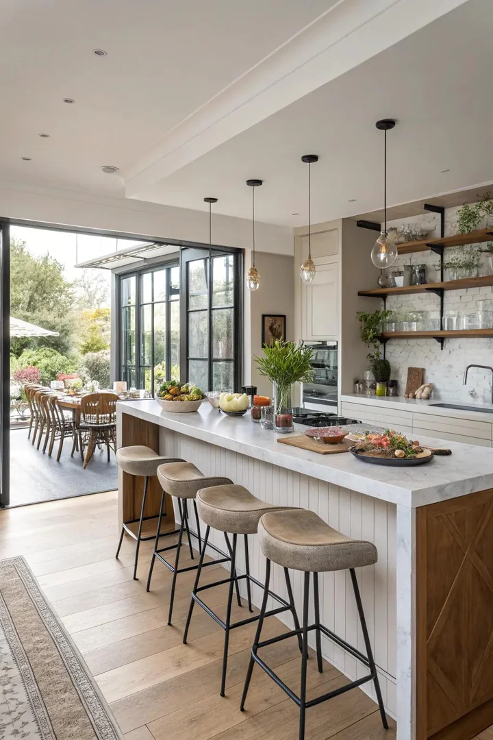Kitchen peninsula defining separate zones in an open layout.