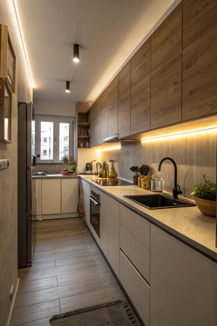 Under-cabinet task lighting in a small kitchen.