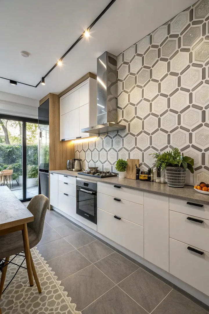 Geometric tile accent wall in a kitchen.