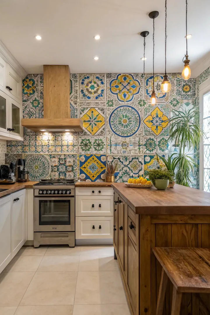 Moroccan patterned tile kitchen backsplash.