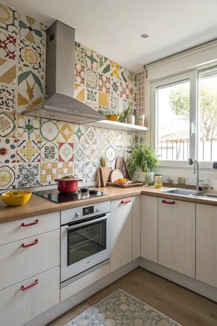 Bright patterned cement tiles in red, blue, and white creating a lively kitchen backsplash