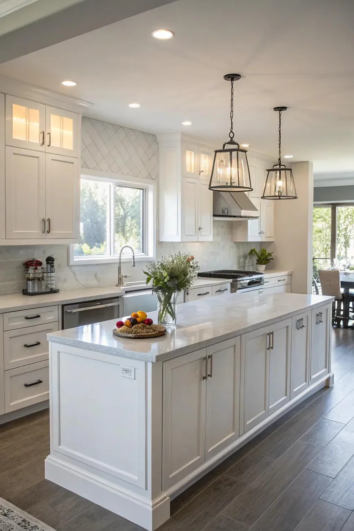 Monochromatic white kitchen with white island and cabinets