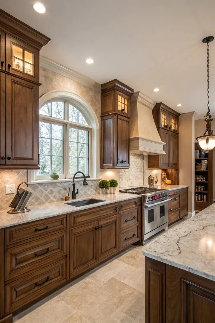 Classic white Shaker kitchen with marble counters and brass hardware