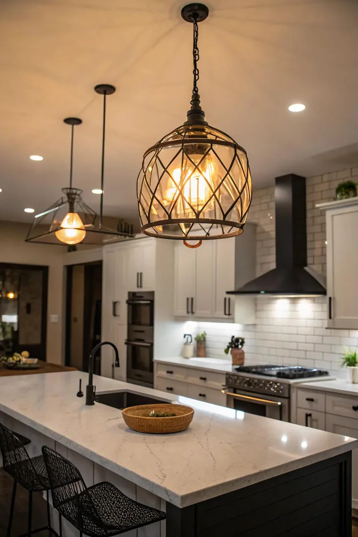 Statement pendant lighting over a kitchen island.