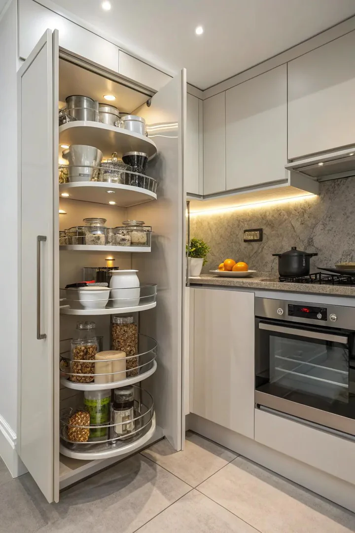 Corner cabinet with swing-out trays for organized access.