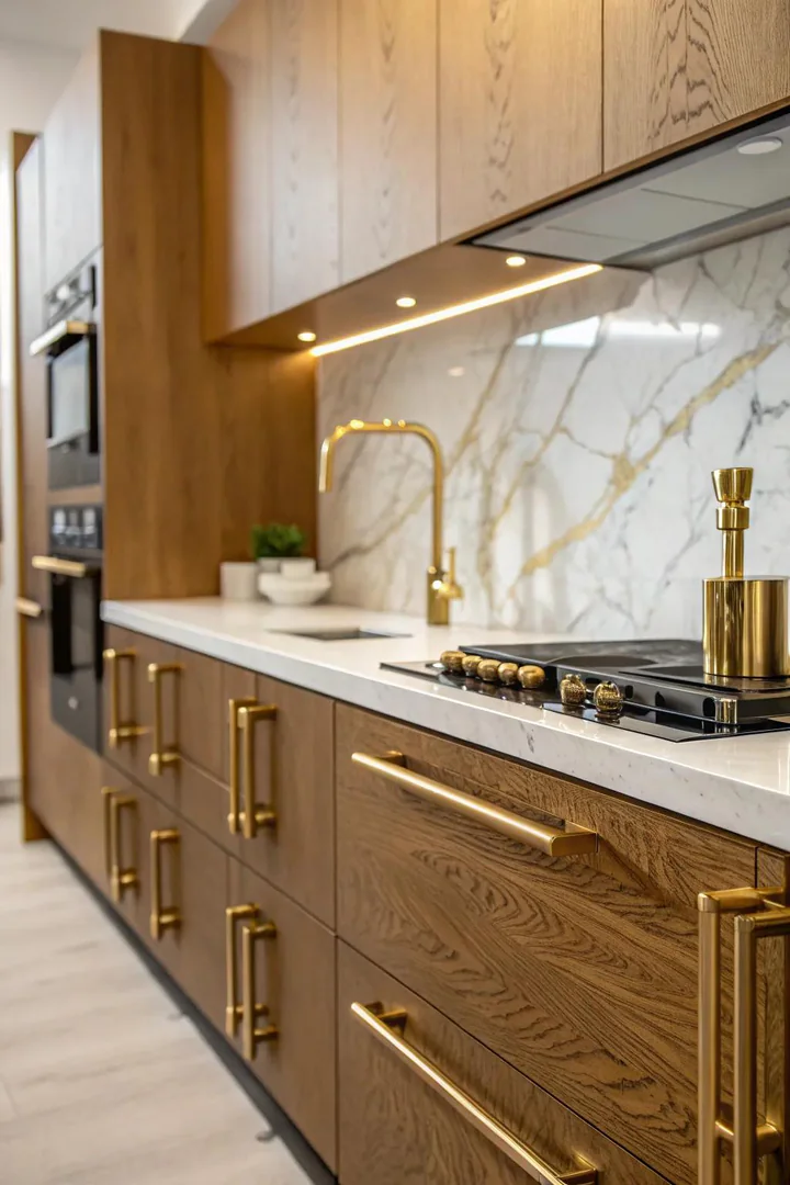 Textured gold finish hardware on kitchen cabinets.