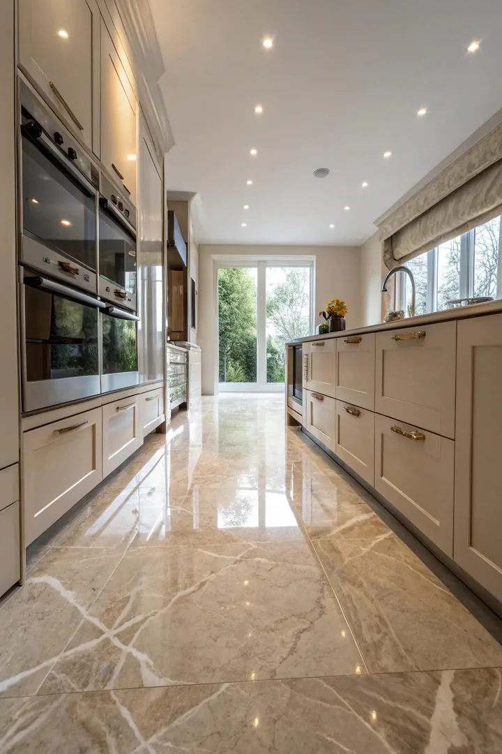 Brushed and chiseled marble kitchen floor.