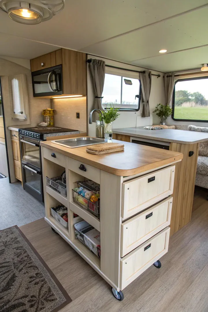 Wall-mounted fold-down table in a mobile home kitchen with the surface extended