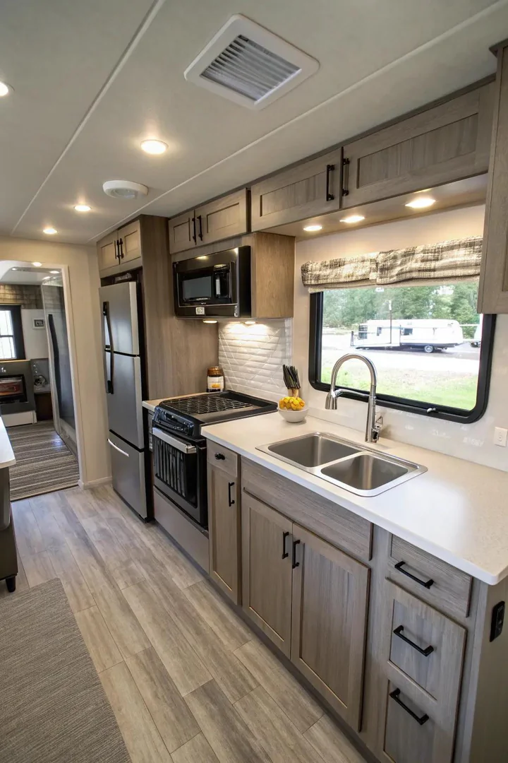 Modern faucet and fixtures in a mobile home kitchen.