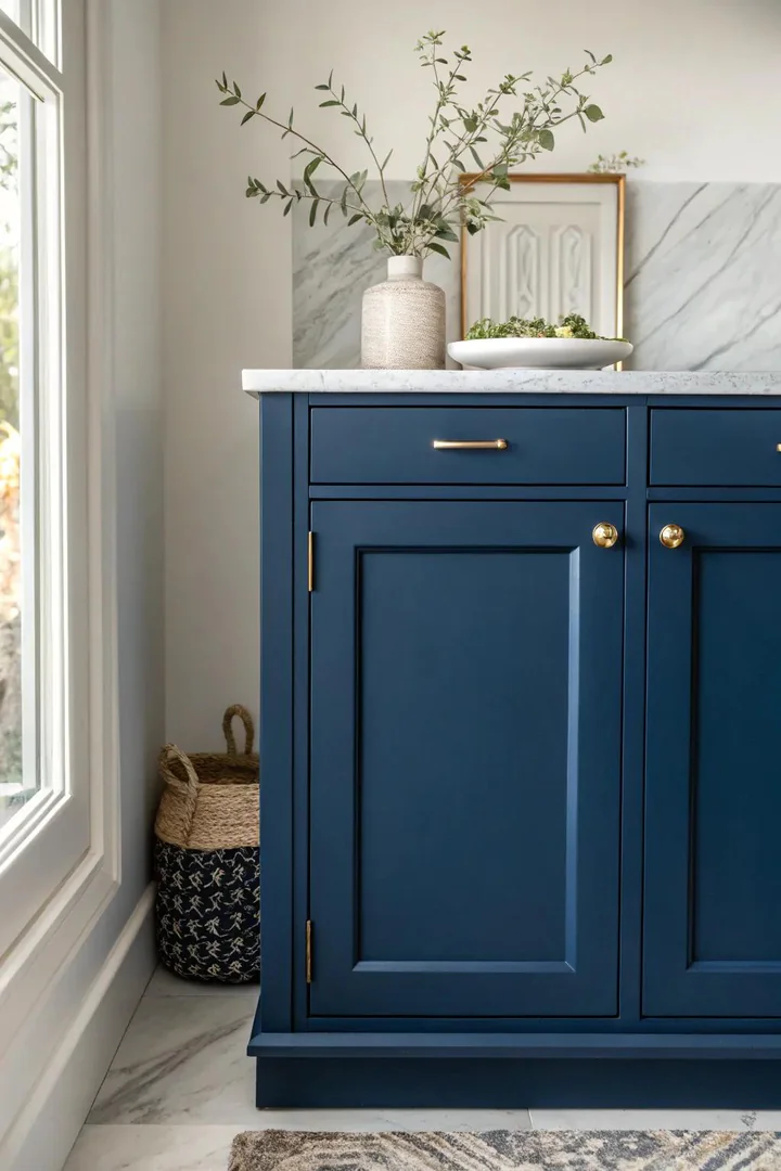 Classic navy blue painted kitchen cabinets.