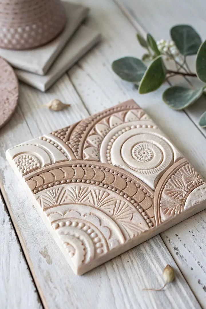 Handmade textured polymer clay tile accent.