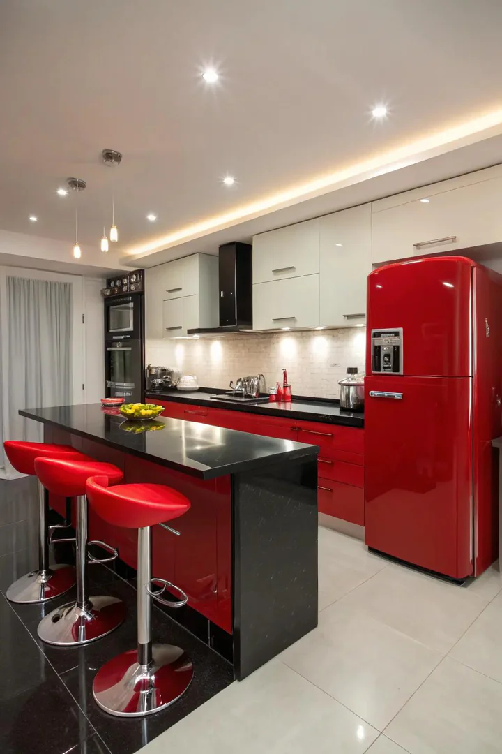 Dramatic red and black kitchen combination.