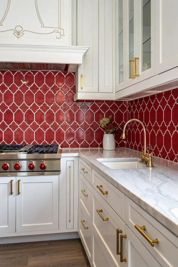 An exotic kitchen with a red arabesque tile masterpiece.