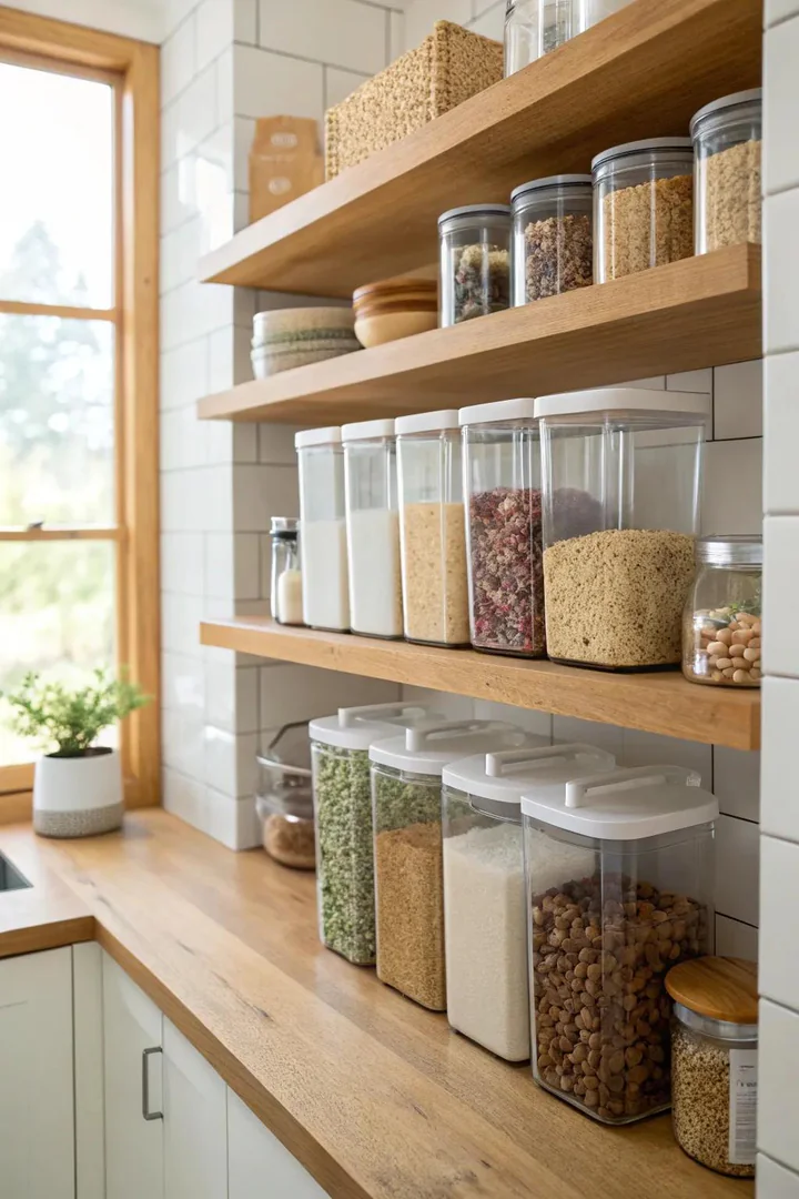 Matching glass jars with bamboo lids organized on a kitchen shelf