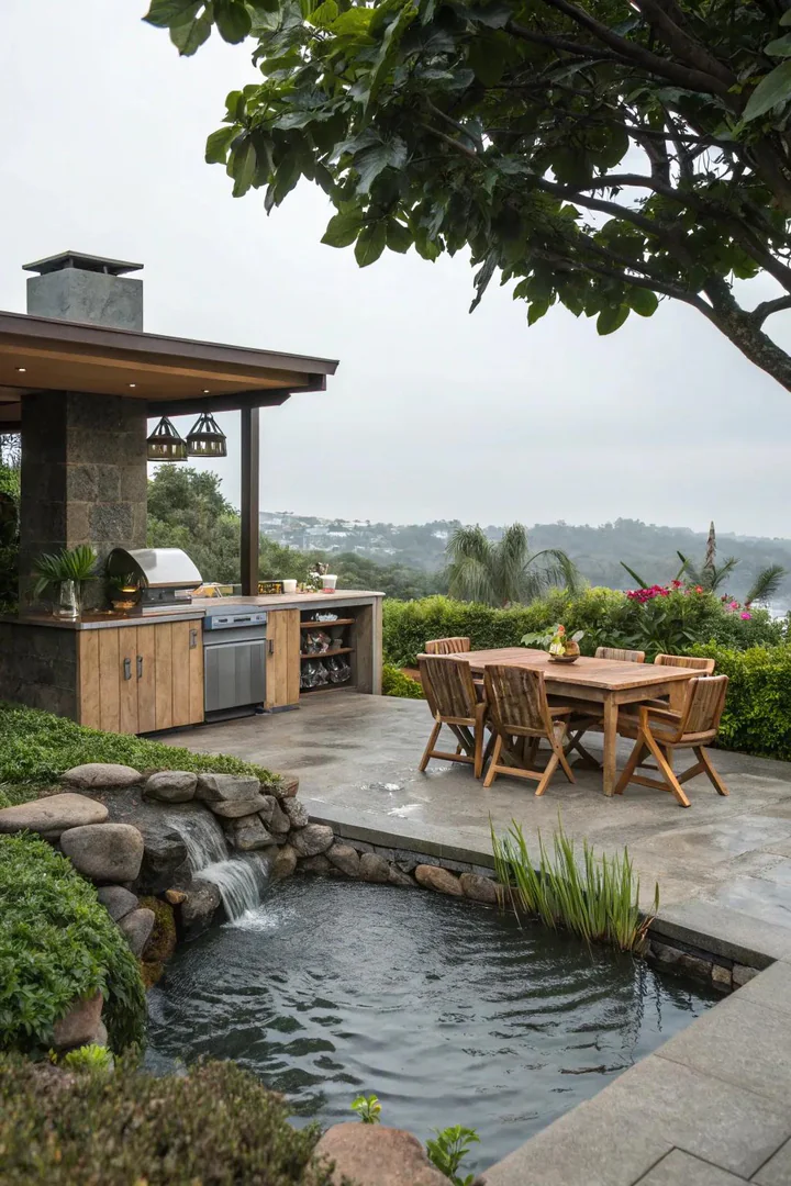 Water feature accent near outdoor kitchen.