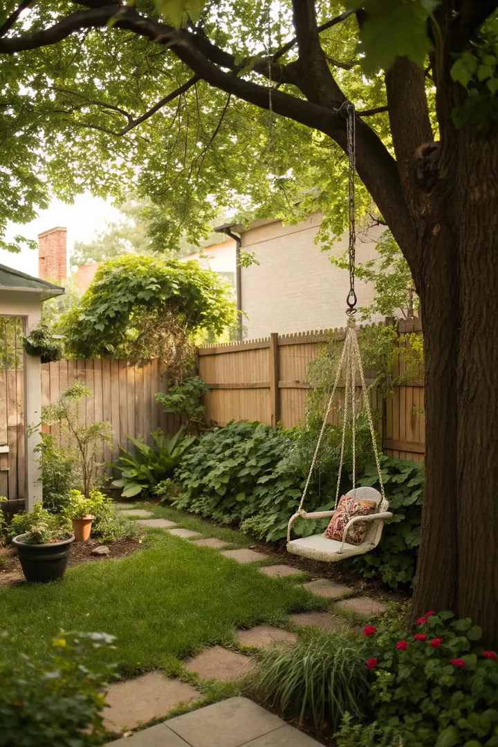 Hanging porch swing suspended from a pergola beam in a small backyard