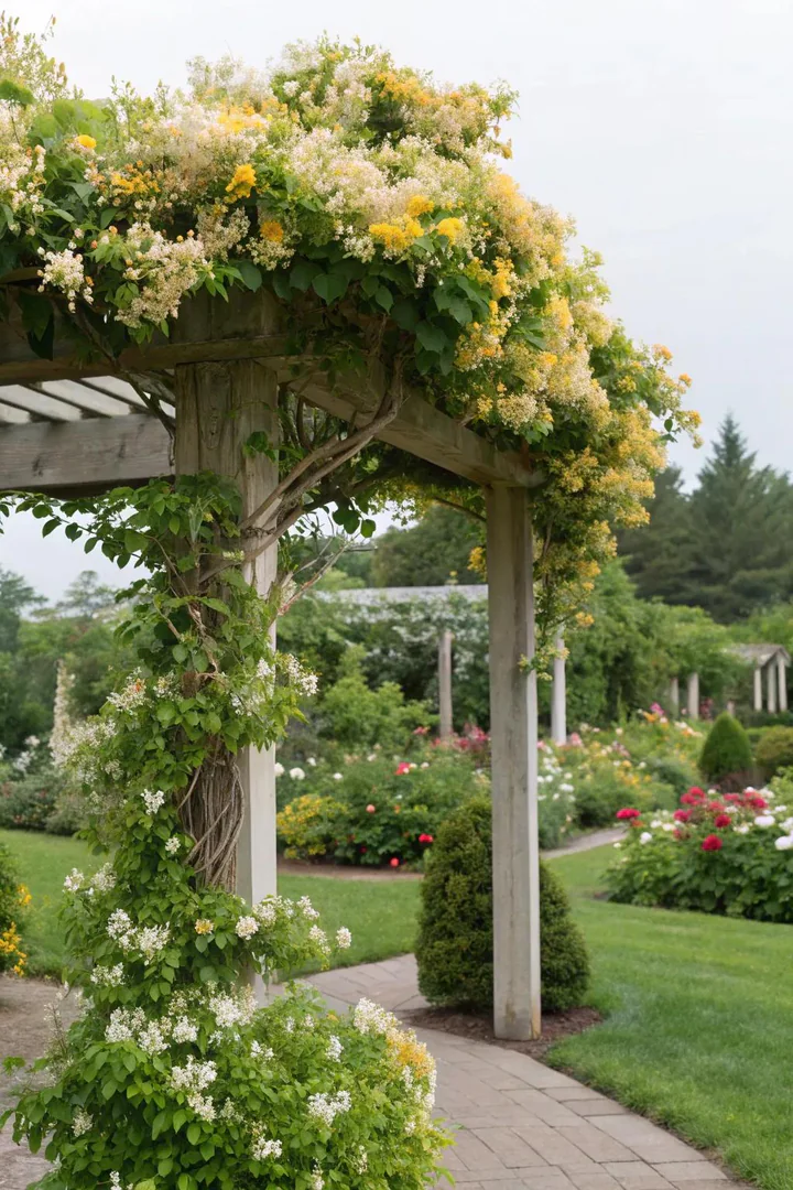 Fragrant climbing plant arbor with jasmine and honeysuckle.