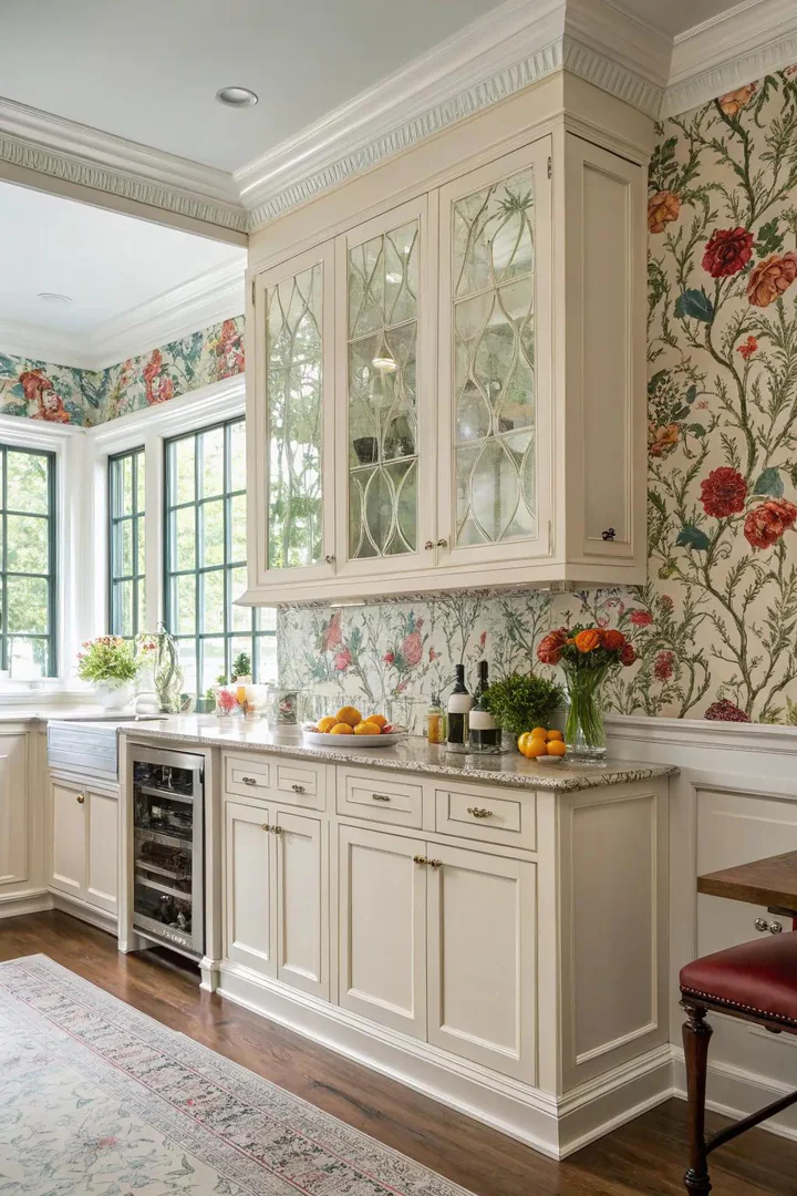 Kitchen wainscoting paired with wallpaper above.