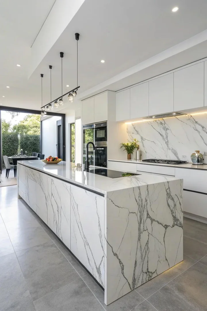 Bold-veined white stone kitchen countertop.