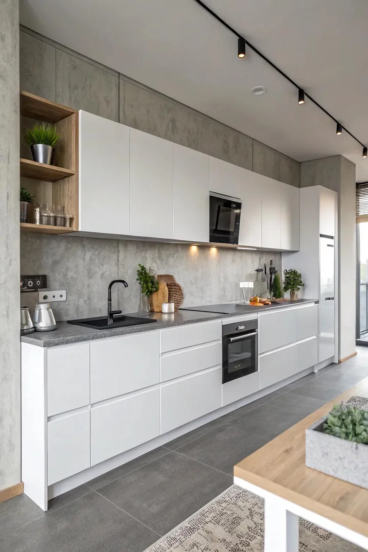White kitchen with panel-ready integrated appliances and gray countertops.