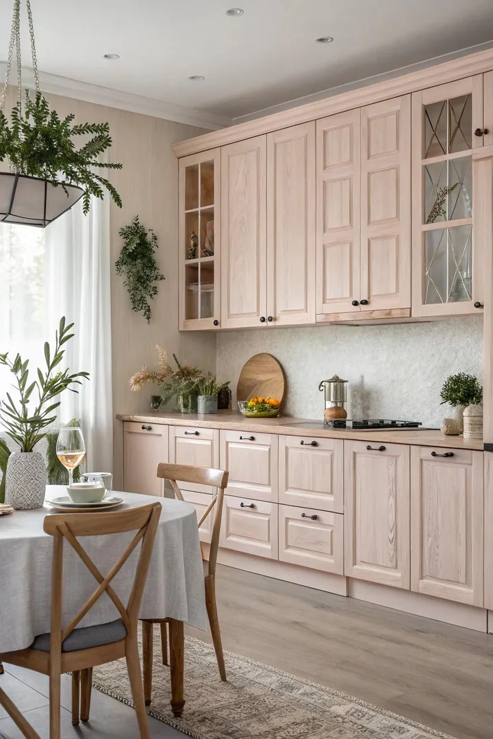 Pastel-washed wood kitchen cabinets.