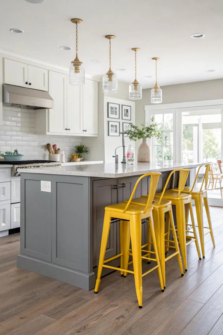 Grey kitchen island with yellow upholstered bar stools.