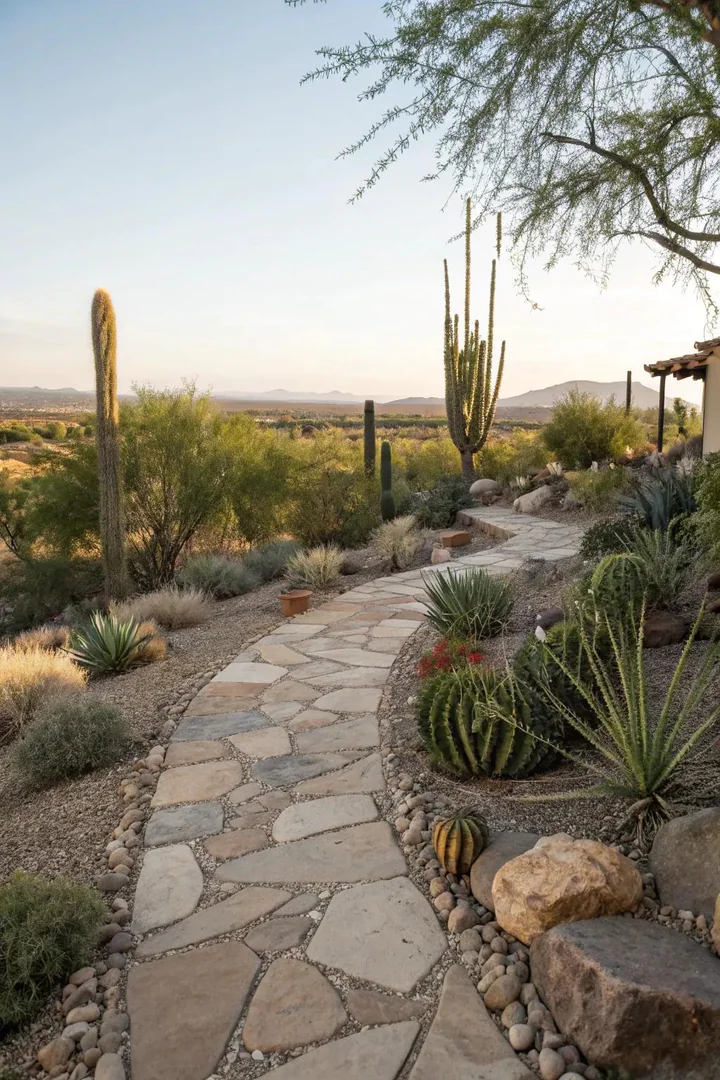 Desert patio with stamped concrete, flagstone borders, and exposed aggregate surfaces