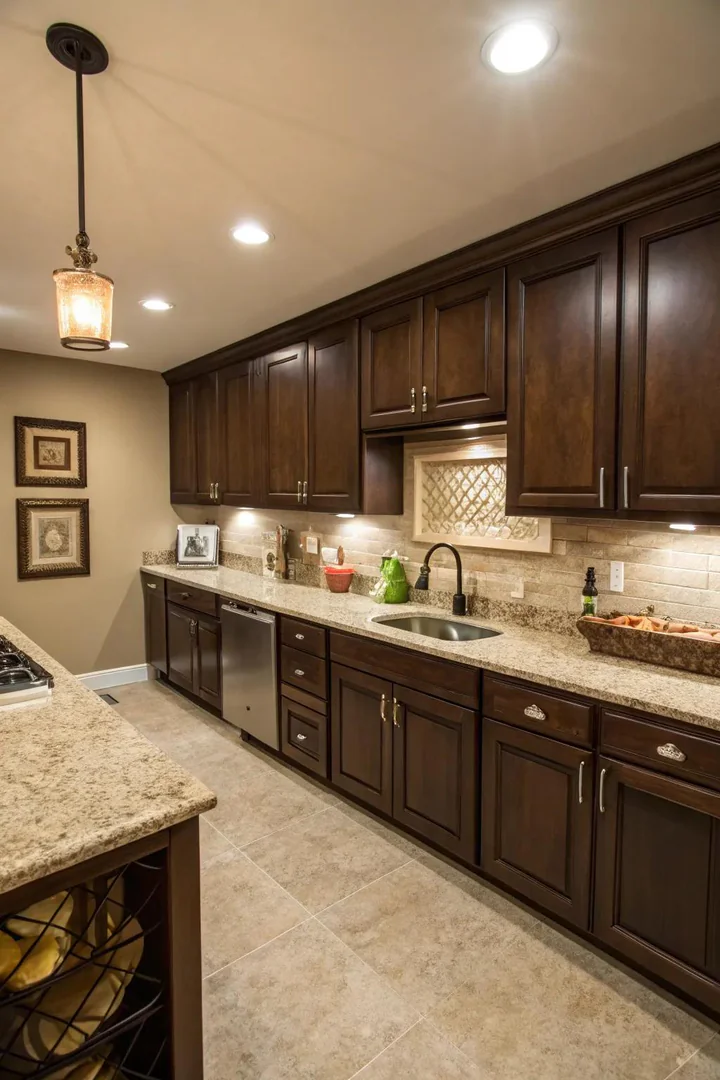 Basement kitchen with dark gray lower cabinets and white upper cabinets