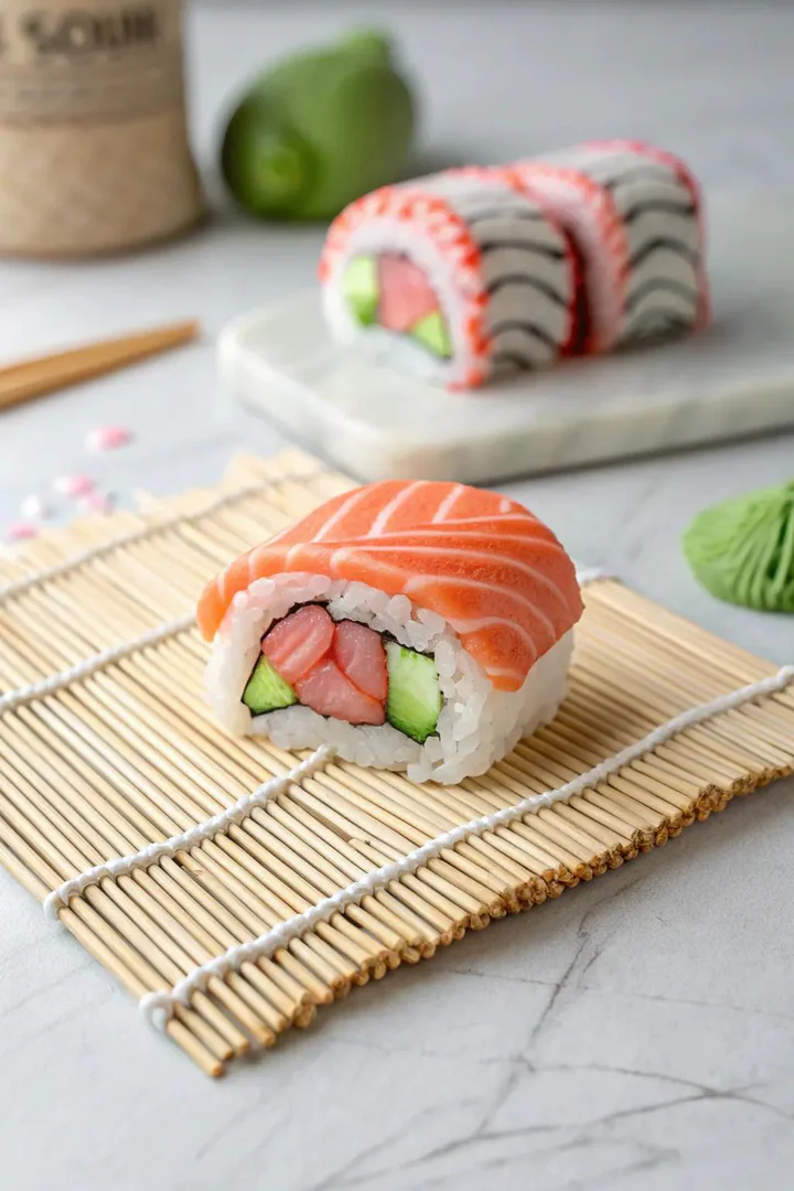 Clay sushi roll magnet with rice, nori, and salmon detail