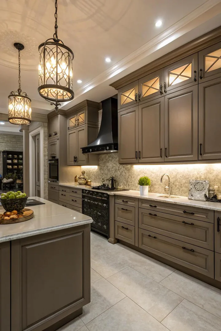 LED lighting brings out the warmth of beige cabinetry.