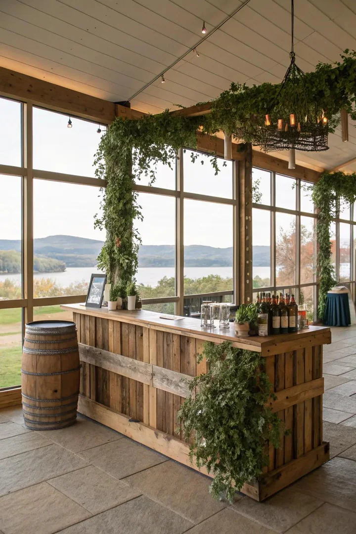 Pallet bar positioned at the edge of a deck overlooking a backyard garden view