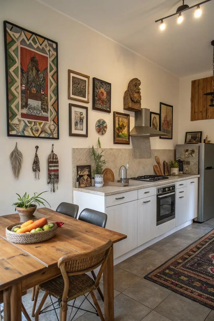 Gallery wall of framed food prints and botanical art above an eat-in kitchen table