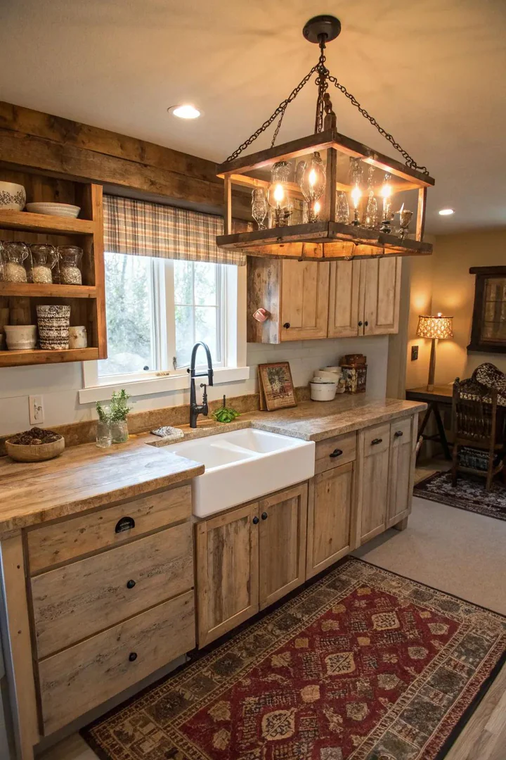 Reclaimed wood beam chandelier with hanging Edison bulbs