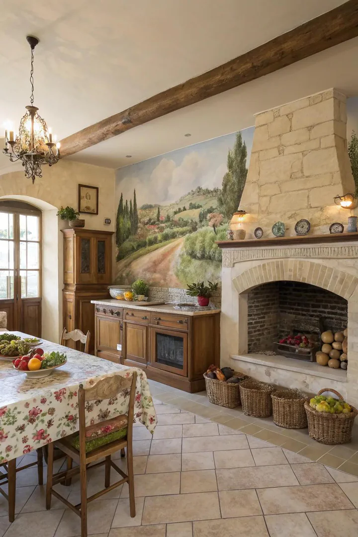 Hand-painted kitchen wall mural in French country style.
