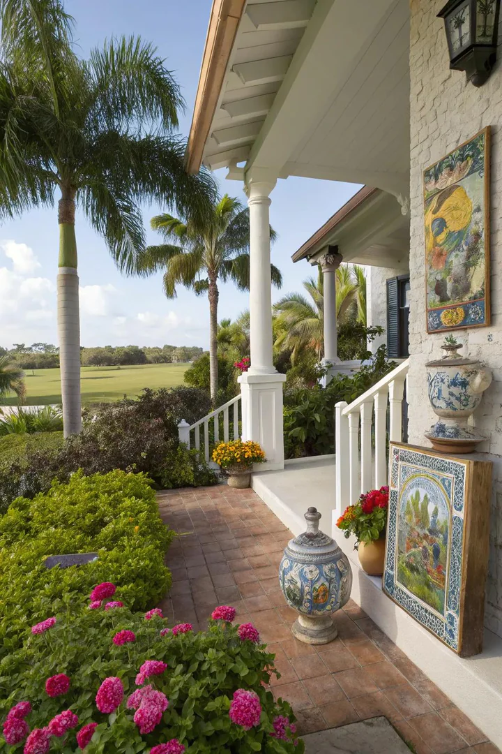 Personal art and wall displays on a Florida front porch.