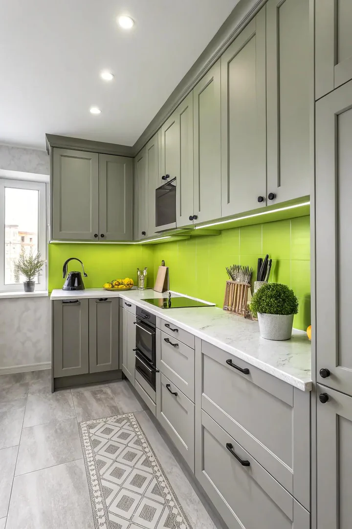 Grey kitchen cabinets with unexpected color accent on the island.